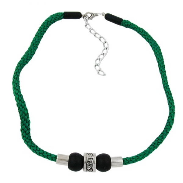 Halskette Kunststoffperlen schwarz-matt chromfarben Kordel grün 45cm, ohne Dekoration