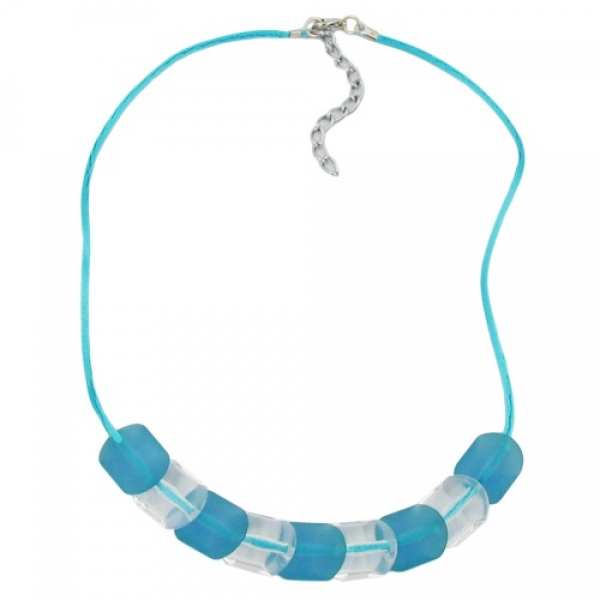 Halskette Schrägperle Kunststoff türkis- und kristall-transparent glänzend Seidenschnur türkis 45cm