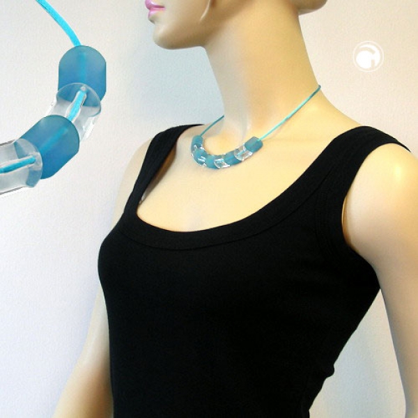 Halskette Schrägperle Kunststoff türkis- und kristall-transparent glänzend Seidenschnur türkis 45cm