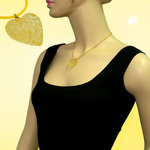 Halskette Kunststoffperle Strukturherz gelb-transparent Kordel gelb 42cm