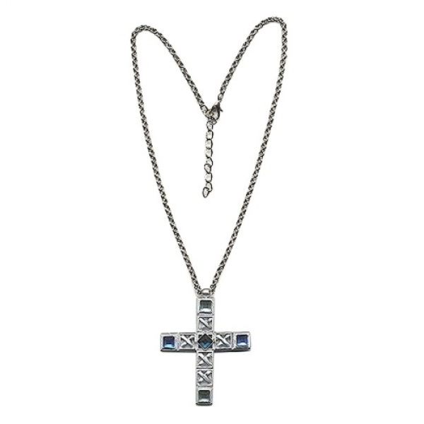 Halskette 65x50mm Kreuz Metallguss silber-matt blau-türkis Erbskette 45cm, ohne Dekoration