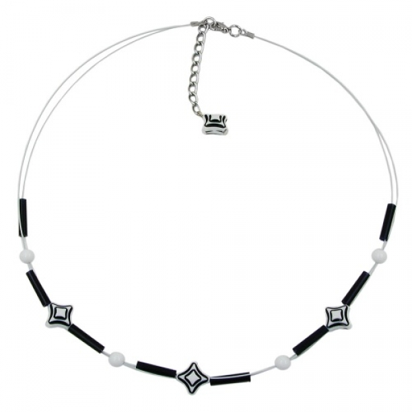 Halskette Drahtkette Karoperle schwarz-weiß Kunststoffperlen 45cm