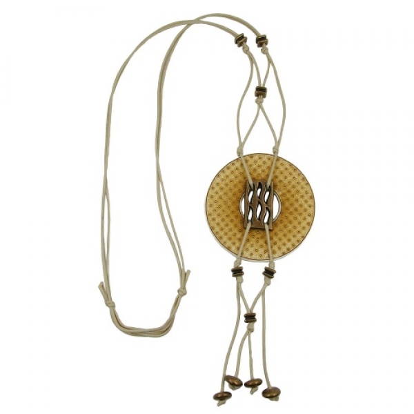 Halskette 77mm Kunststoffanhänger Lochring beige-oliv altmessing Kordel grau 90cm, ohne Dekoration