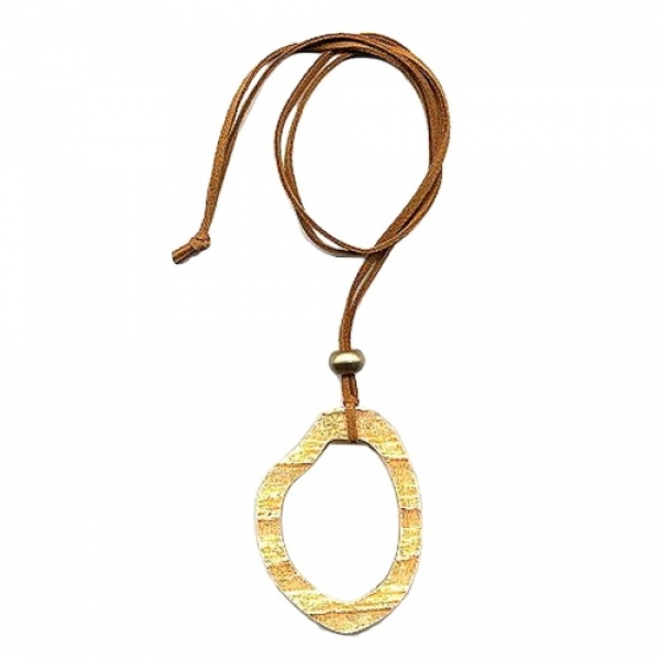 Halskette 75x55mm Baumring Kunststoff orange-gelb Lederband natur 90cm, ohne Dekoration
