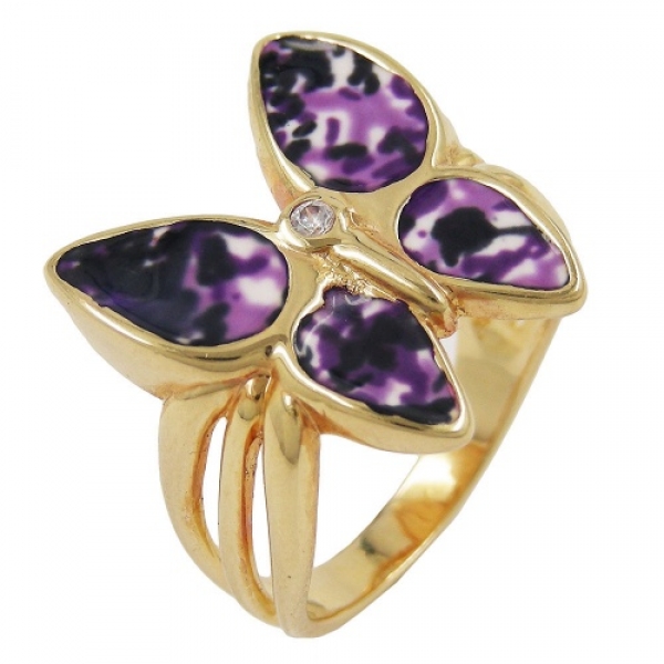 Ring 18x20mm Schmetterling lila farbig lackiert 3 Mikron vergoldet Ringgröße 60, ohne Dekoration
