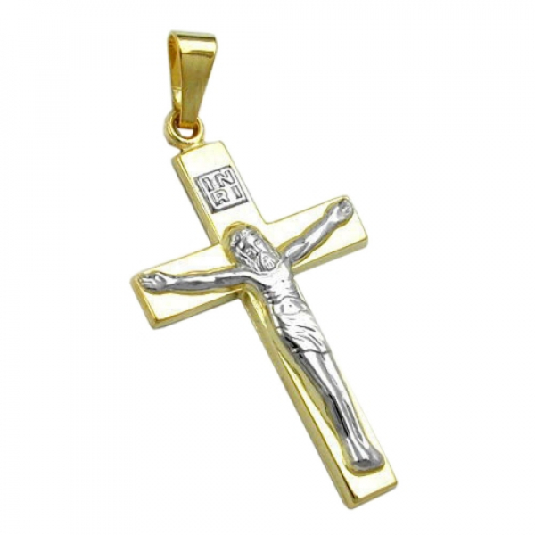 Anhänger 27x16mm Kreuz mit Jesus bicolor glänzend 9Kt GOLD, ohne Dekoration