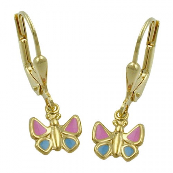 Ohrbrisur Ohrhänger Ohrringe 22x7mm Schmetterling hellblau-pink 9Kt GOLD, ohne Dekoration