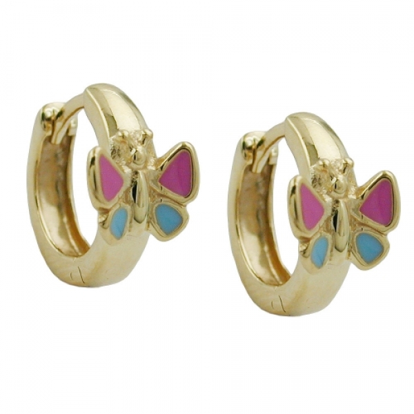 Creolen Ohrringe 12x7mm Klappscharnier Schmetterling pink-blau lackiert 9Kt GOLD, ohne Dekoration