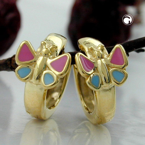 Creolen Ohrringe 12x7mm Klappscharnier Schmetterling pink-blau lackiert 9Kt GOLD