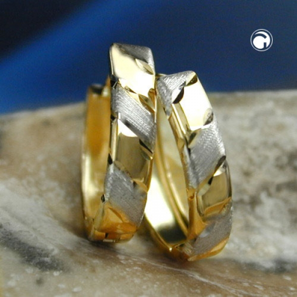 Creolen Ohrringe Ohrring 12x3mm Klappscharnier bicolor diamantiert 9Kt GOLD