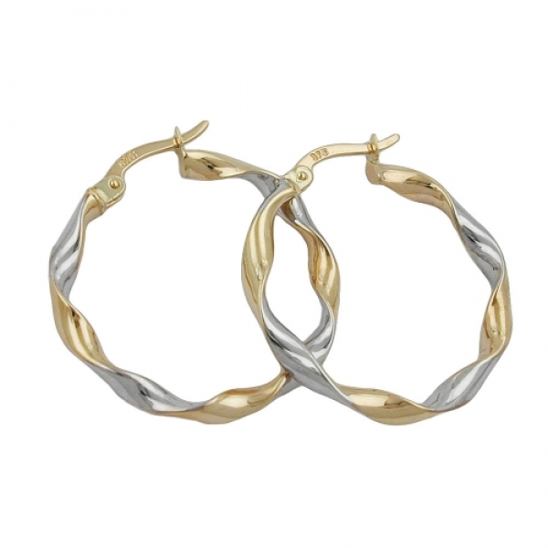 Creolen Ohrringe Ohrring 26x3mm oval bicolor diamantiert geschwungen 9Kt GOLD, ohne Dekoration