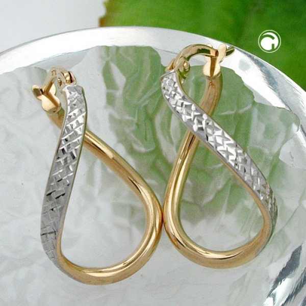 Creolen Ohrringe Ohrring 23x2mm oval bicolor diamantiert geschwungen 9Kt GOLD