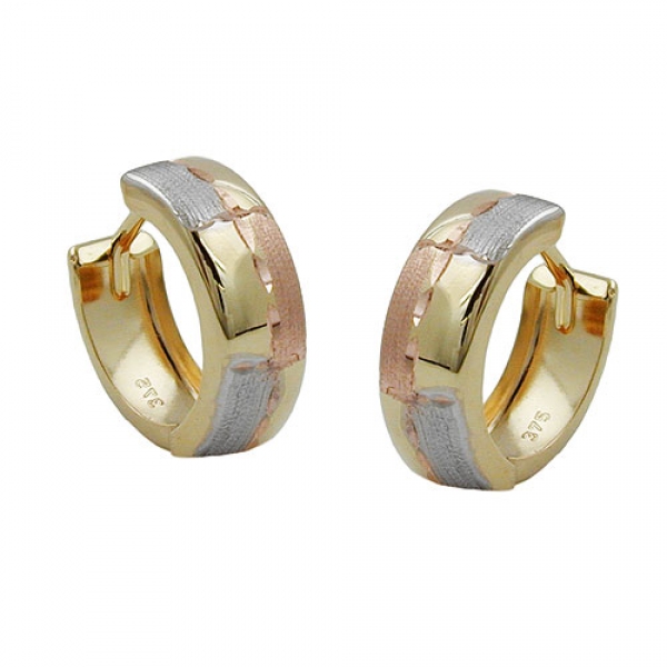 Creolen Ohrringe Ohrring 12x5mm Klappscharnier tricolor diamantiert 9Kt GOLD