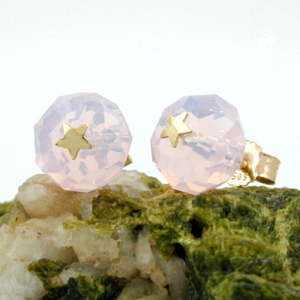 Ohrstecker Ohrringe 6mm facettierte Glasperle rosa mit Stern 14Kt GOLD