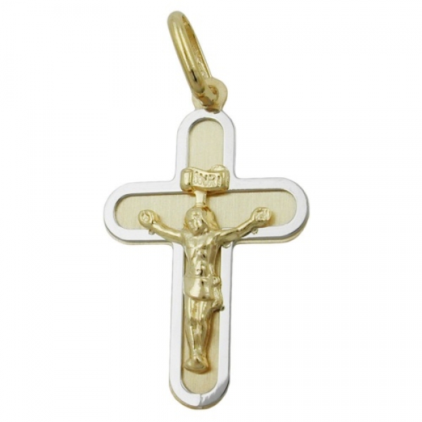 Anhänger 20x14mm Kreuz mit Jesus bicolor matt-glänzend 9Kt GOLD, ohne Dekoration