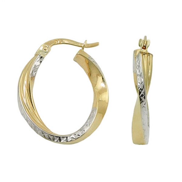 Creole Ohrring 20x18x3mm oval bicolor diamantiert geschwungen 9Kt GOLD, ohne Dekoration