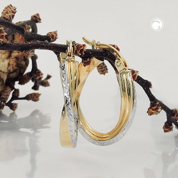 Creolen Ohrringe Ohrring 20x18x3mm oval bicolor diamantiert geschwungen 9Kt GOLD