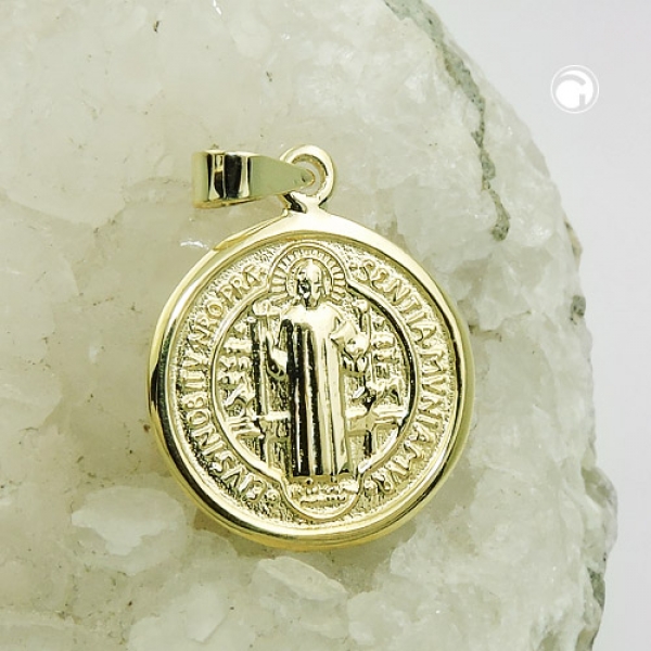 Schmuck Anhänger 16mm religiöse Medaille St. Benedikt glänzend 9Kt GOLD-431504