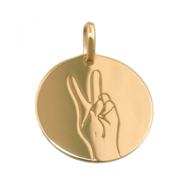 Anhänger Gravurplatte 16mm mit Lasergravur Peace-Victory-Zeichen glänzend 9Kt GOLD, ohne Dekoration