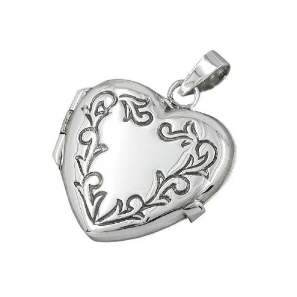Anhänger 22x20x6mm Medaillon Herz mit Ornament glänzend geschwärzt Silber 925, ohne Dekoration