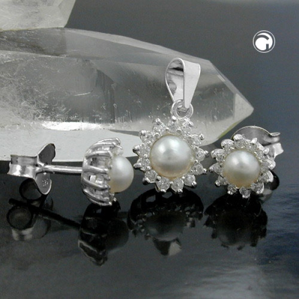 Set mit 7mm Ohrstecker Ohrringe und 9mm Anhänger Perle mit Zirkonias glänzend Silber 925