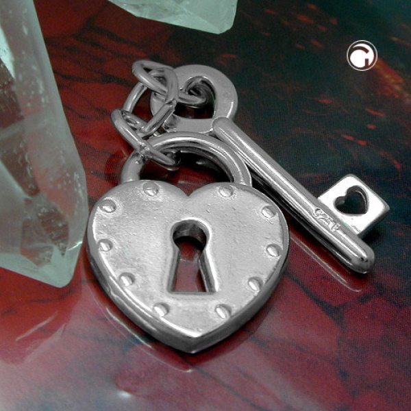 Schmuck Anhänger 23x15mm Herz Liebesschloss mit Schlüssel glänzend Silber 925-91629