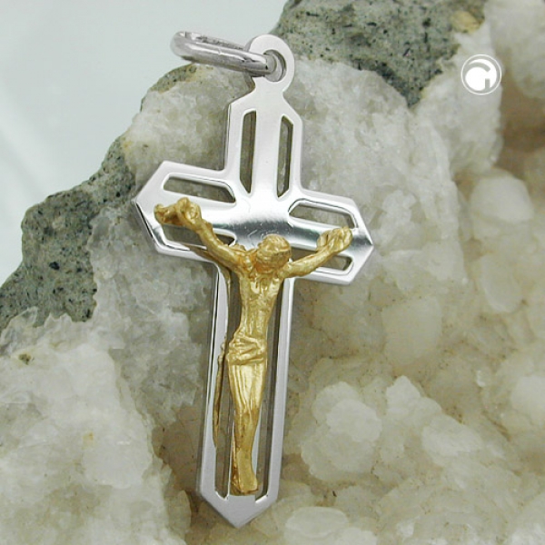 Schmuck Anhänger 38x23mm Kreuz Jesus bicolor glänzend Silber 925-93415